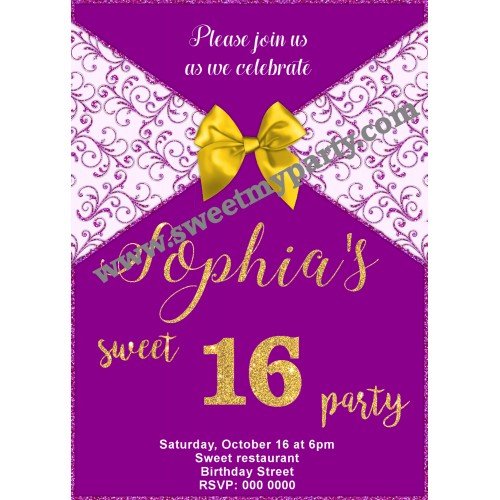 Purple Sweet 16 Party Invitation,Purple Quinceanera Party Invitation,(008aswee)